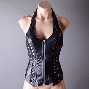 Black Sexy Vest Steampunk Goth Punk Zipper Wetlook Lace Up Halter Bustier Top